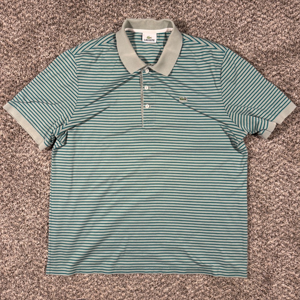 Lacoste Mens Size 6 XL Green Grey Striped Short Sleeve Pique Polo Shirt